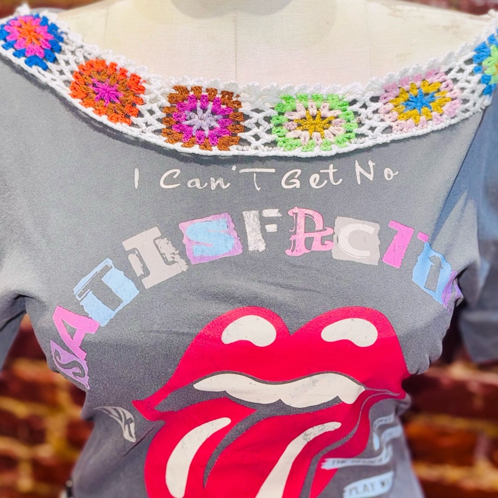 Gray Graphic Tee with Crochet Detail